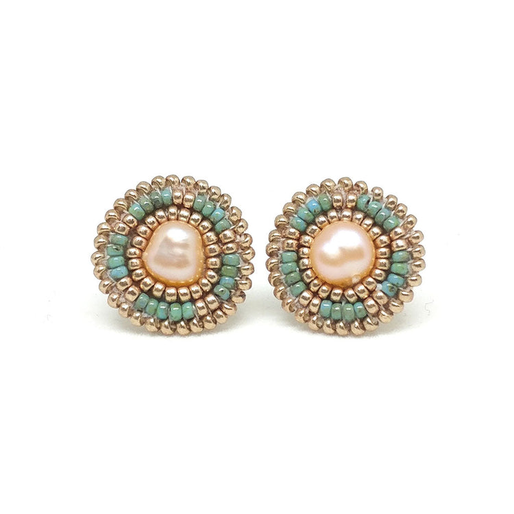 Close-up of Cheyanne Symone’s Turquoise Blue Classic Freshwater Pearl Studs | Turquoise and Gold Studs Beaded Around a Freshwater Pearl Center