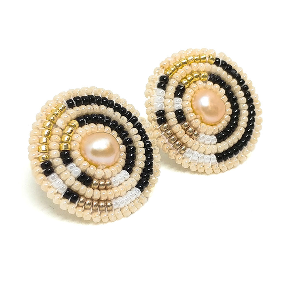 Cheyanne Symone’s Circle Direction Freshwater Pearl Earrings | Glass Seed Beads in a Beautiful Pattern Wrapped Around a Freshwater Pearl Center