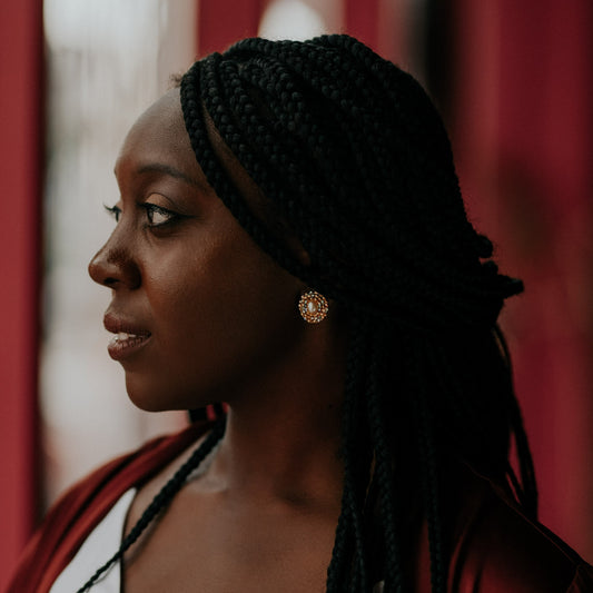 Model Wearing Cheyanne Symone 24 Karat Gold Plated Iridescent Freshwater Pearl Beaded Earrings