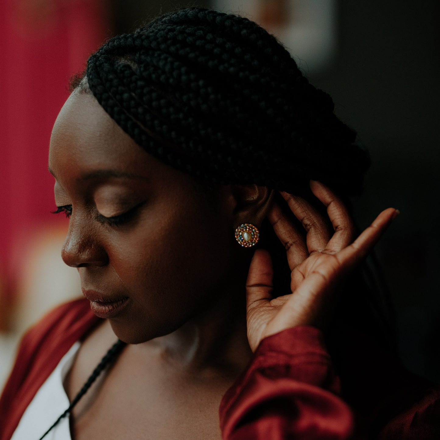 Model Wearing Cheyanne Symone 24 Karat Gold Plated Iridescent Freshwater Pearl Beaded Earrings