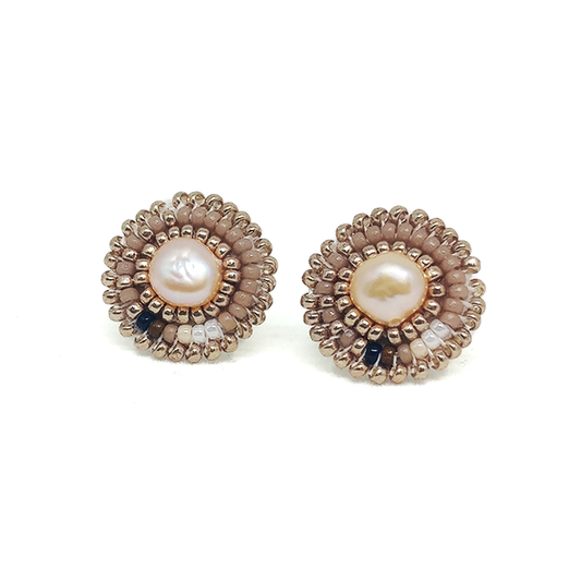 Cheyanne Symone’s Mauve Classic Freshwater Pearl Stud Earrings- Glass Seed Beads Around a Freshwater Pearl Center