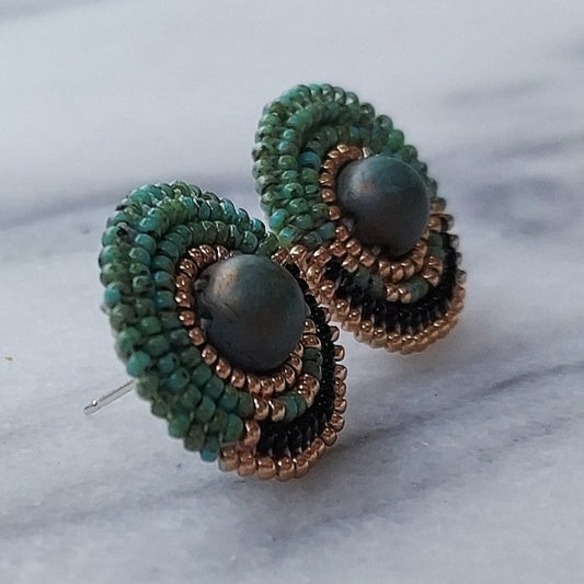Cheyanne Symone's Little Green Beaded Earrings | Green and Black Seed Beads with Gold Plated Seed Bead Accents Wrapped Around a Green Glass Bead Center