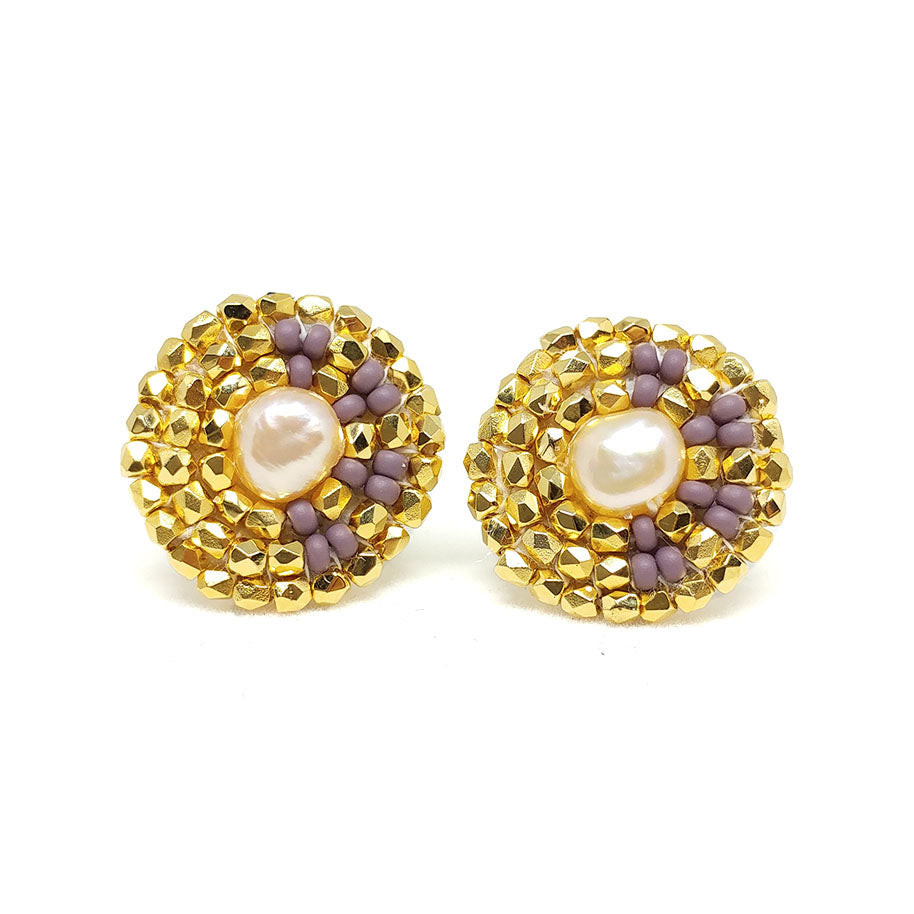 Cheyanne Symone 24K Gold Plated Freshwater Pearl Stud Beaded Earrings- 24K Gold Plated Beads Wrapped Around a Freshwater Pearl Center