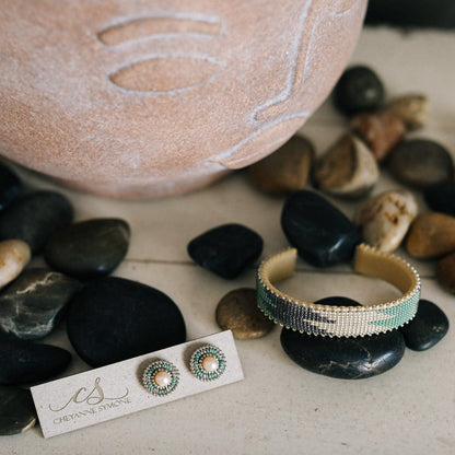 Etkie Bracelet - Tess Glass Cuff Small Pictured with Cheyanne Symone's Turquoise Classic Freshwater Pearl Stud Earrings