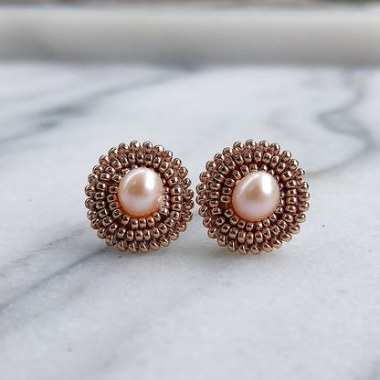 Cheyanne Symone Champagne Gold Beaded Freshwater Pearl Stud Earrings | Champagne Gold Seed Beads Wrapped Around a Freshwater Pearl Center