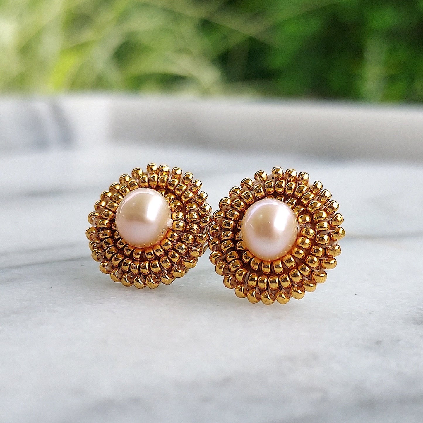 Cheyanne Symone’s Golden Hour Freshwater Pearl Earrings | Golden Hour Seed Beads Wrapped Around a Freshwater Pearl Center