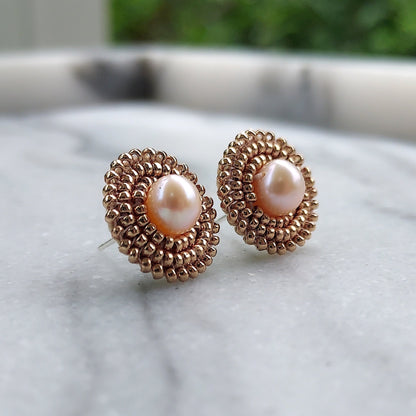 Cheyanne Symone Champagne Gold Beaded Freshwater Pearl Stud Earrings | Champagne Gold Seed Beads Wrapped Around a Freshwater Pearl Center