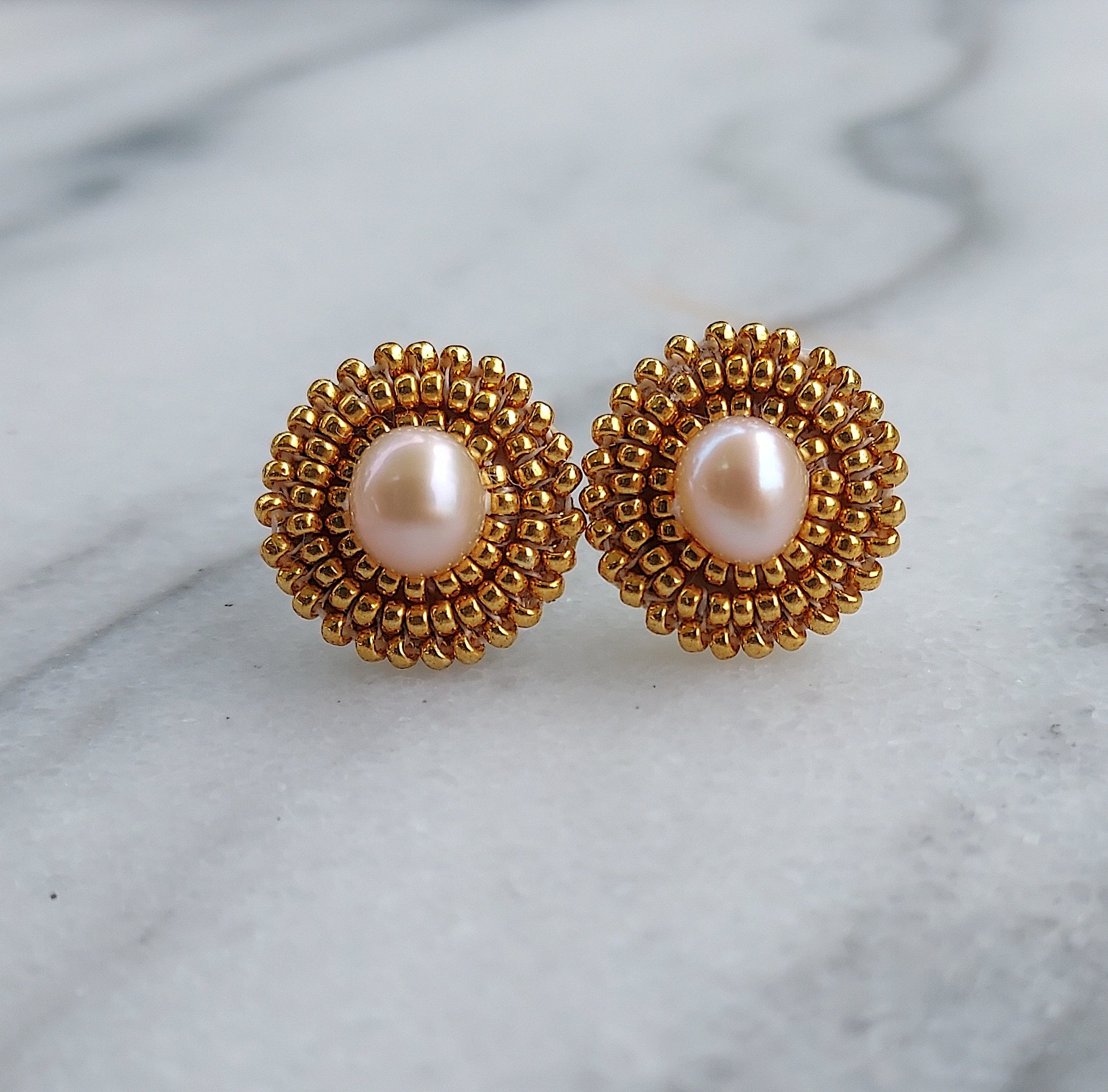 Cheyanne Symone’s Golden Hour Freshwater Pearl Earrings | Golden Hour Seed Beads Wrapped Around a Freshwater Pearl Center