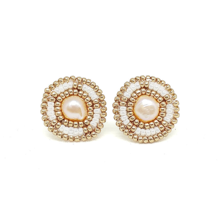 Cheyanne Symone's Ivory Freshwater Pearl Stud Beaded Earrings- Champagne Gold