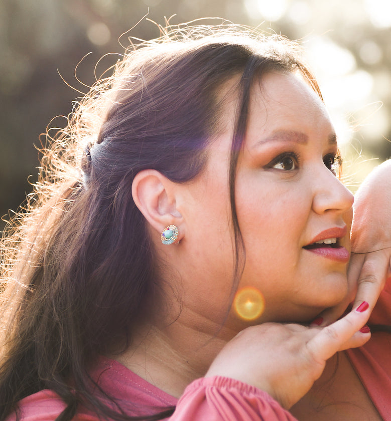 Jana Wearing Cheyanne Symone and QueerKwe’s Collaborative Mini Two-Spirit Pride Stud Earrings