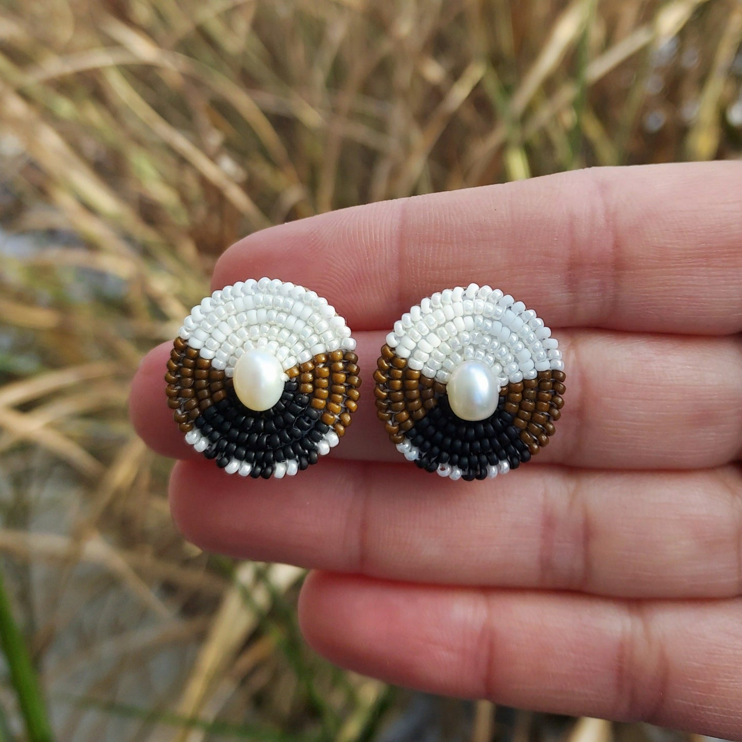 Cheyanne Symone and Natani Notah Collaborative Little Mocha Beaded Earrings- Glass Seed Beads and Freshwater Pearl Center