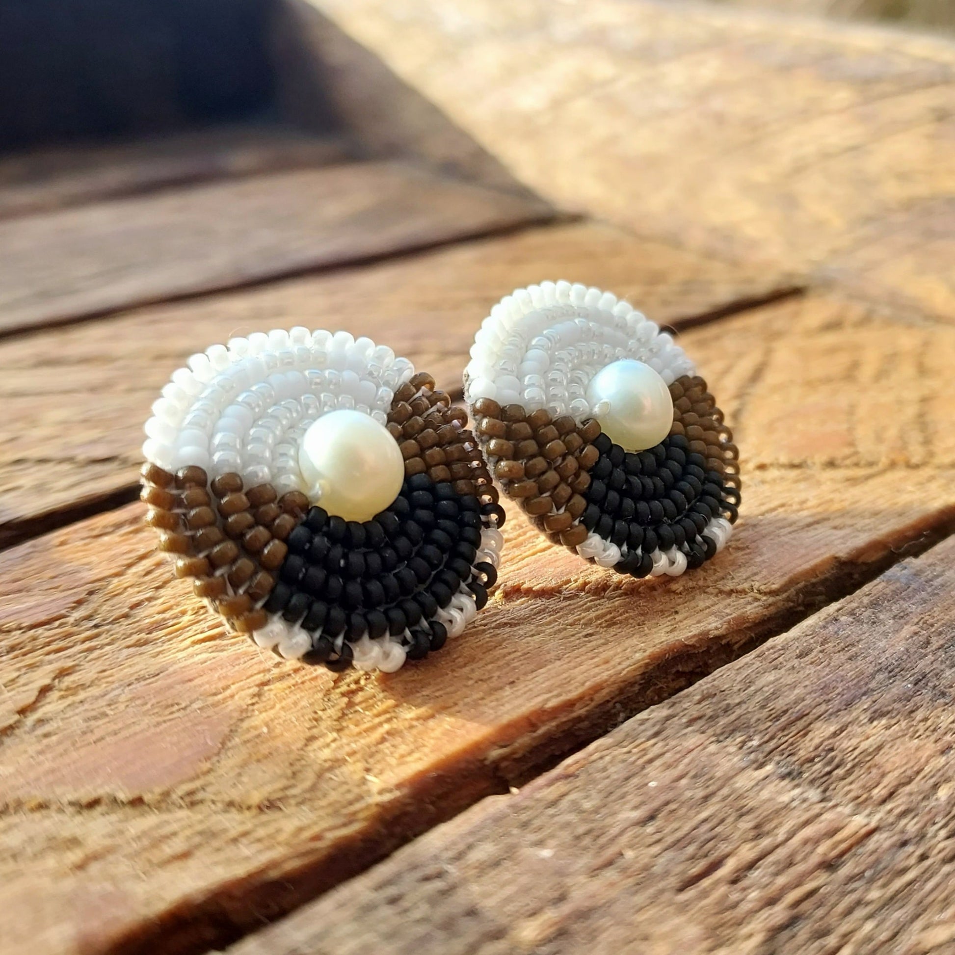 Cheyanne Symone and Natani Notah Collaborative Little Mocha Beaded Earrings- Glass Seed Beads and Freshwater Pearl Center- sitting in wooden box 