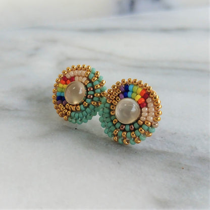 Cheyanne Symone’s Moonstone Two-Spirit Pride Stud Earrings | Rainbow Glass Beads Wrapped Around a Moonstone Center