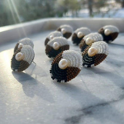 Several Pairs of Cheyanne Symone and Natani Notah Collaborative Little Mocha Beaded Earrings- Glass Seed Beads and Freshwater Pearl Center