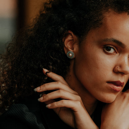 Model Wearing Cheyanne Symone Turquoise Blue Classic Freshwater Pearl Beaded Earrings Edged in Palladium Plated Beads | Glass Seed Beads Beaded Around a Freshwater Pearl Center