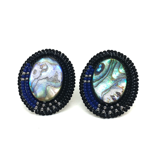 Cheyanne Symone’s Raven Abalone Statement Earrings | Glass Beads Wrapped Around an Abalone Shell Center