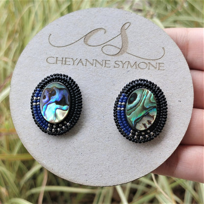 Cheyanne Symone’s Raven Abalone Statement Earrings | Glass Beads Wrapped Around an Abalone Shell Center