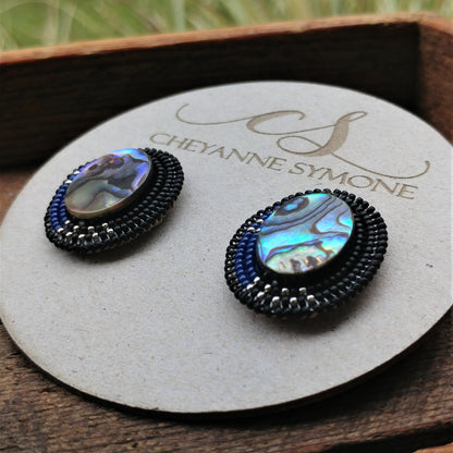 Cheyanne Symone’s Raven Abalone Statement Earrings | Glass Beads Wrapped Around an Abalone Shell Center