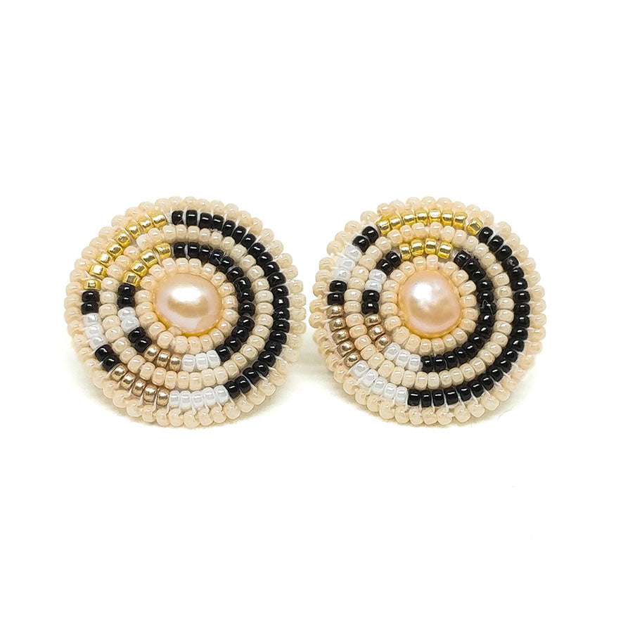 Cheyanne Symone’s Circle Direction Freshwater Pearl Earrings | Glass Seed Beads in a Beautiful Pattern Wrapped Around a Freshwater Pearl Center