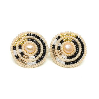 Cheyanne Symone’s Circle Direction Freshwater Pearl Earrings | Glass Seed Beads in a Beautiful Pattern Wrapped Around a Freshwater Pearl Center