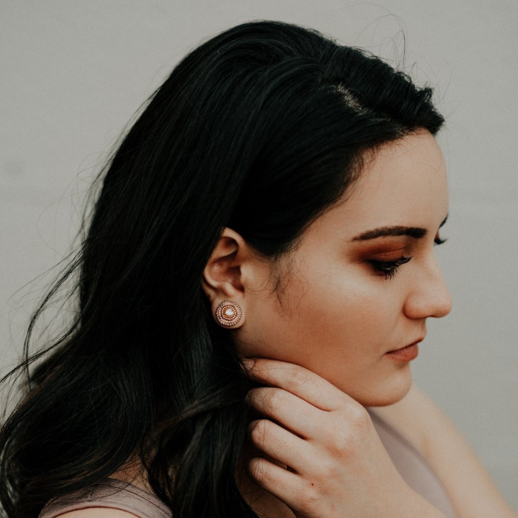 Model Wearing Cheyanne Symone’s Salmon Freshwater Pearl Stud Earrings