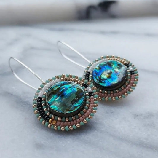 Cheyanne Symone Abalone Shell Color Block Beaded Dangle Earrings | Glass Seed Beads Wrapped Around an Abalone Shell Center