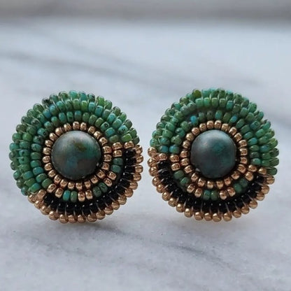 Cheyanne Symone's Little Green Beaded Earrings | Green and Black Seed Beads with Gold Plated Seed Bead Accents Wrapped Around a Green Glass Bead Center