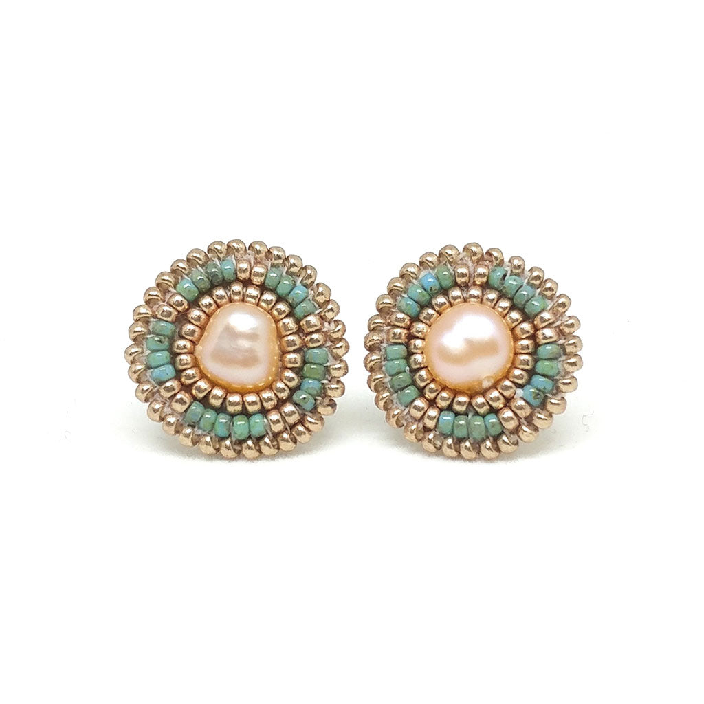 Turquoise Classic Freshwater Pearl Studs | Turquoise Blue and Gold Plated Seed Beads Wrapped Around a Freshwater Pearl Center