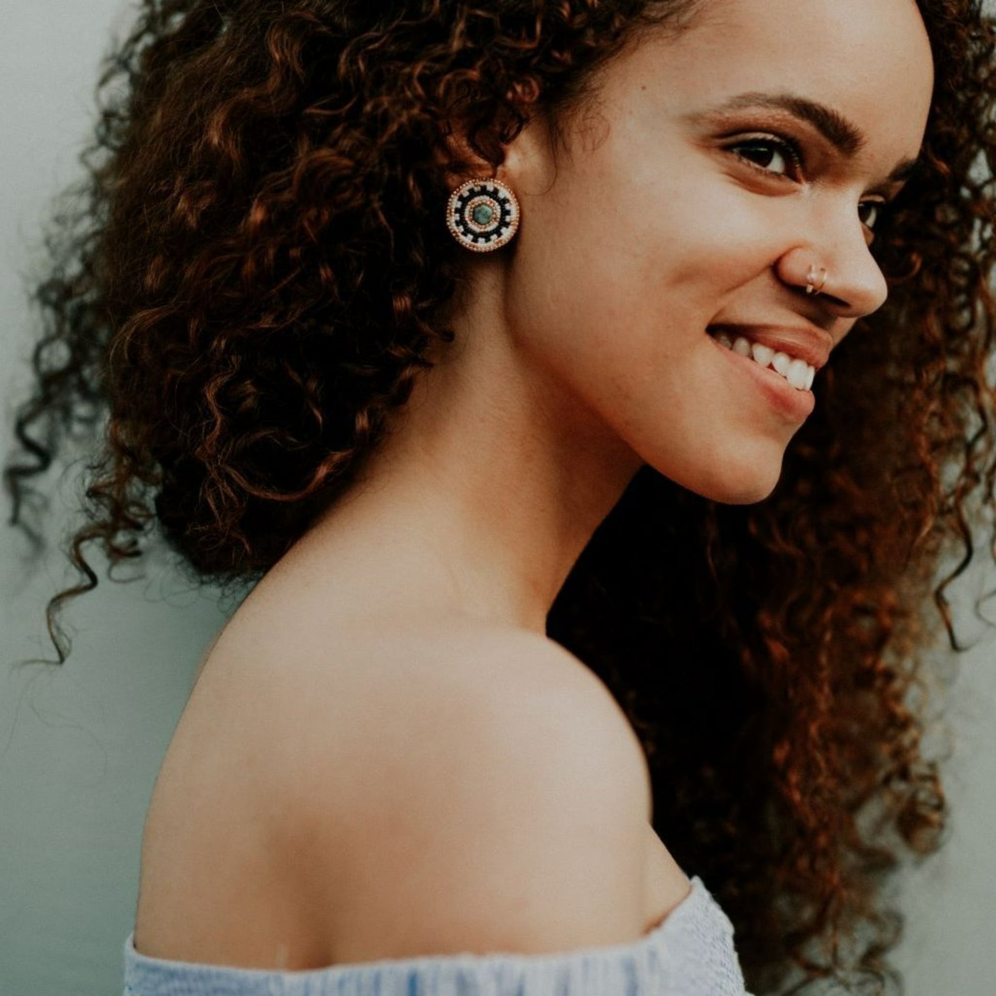 Model Wearing Cheyanne Symone Beaded Adeline Earrings in Original Stud Style