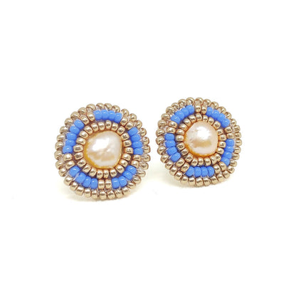 Cheyanne Symone Periwinkle Beaded Earrings- Periwinkle and Gold Glass Seed Beads Surrounding a Freshwater Pearl Center