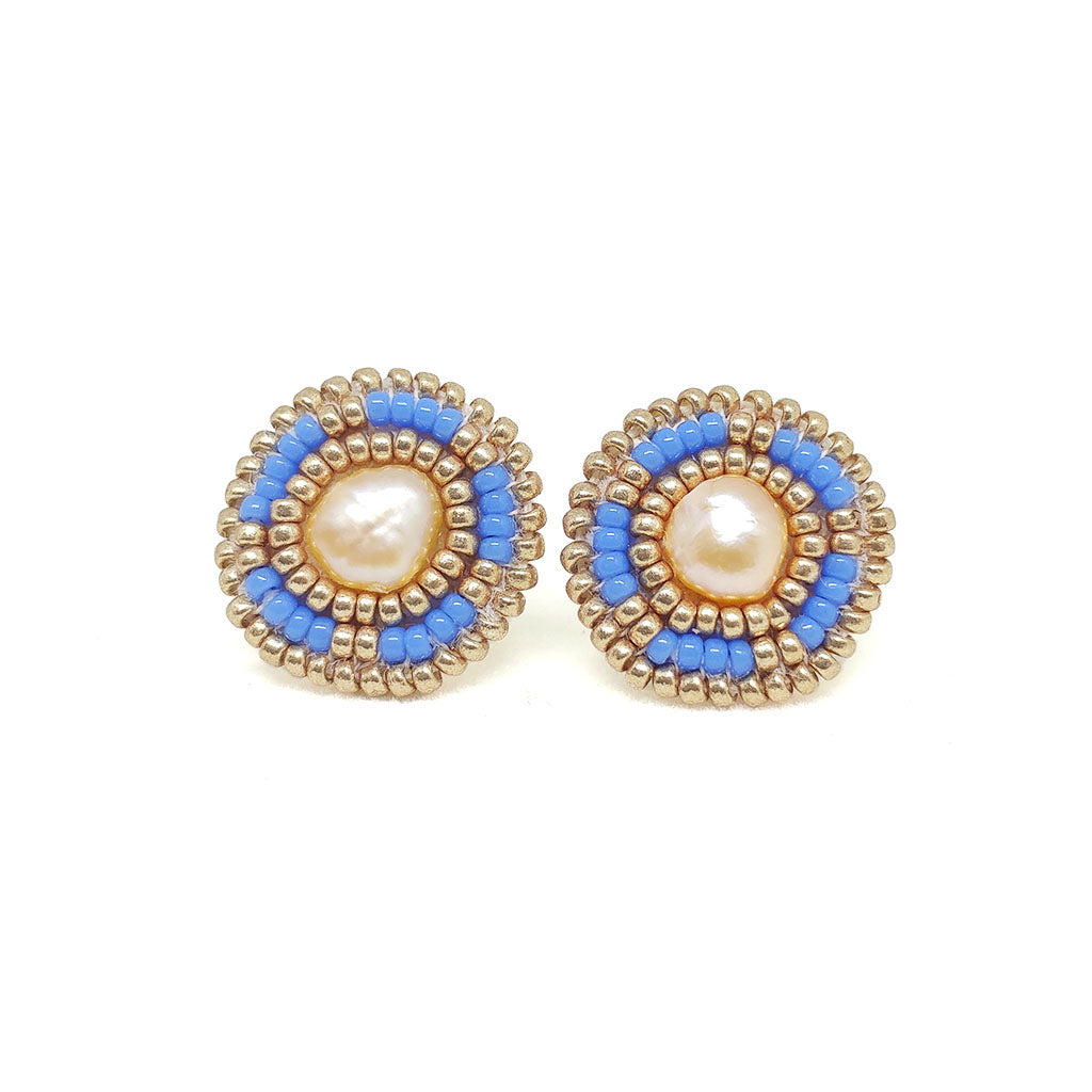 Cheyanne Symone Periwinkle Beaded Earrings- Periwinkle and Gold Glass Seed Beads Surrounding a Freshwater Pearl Center